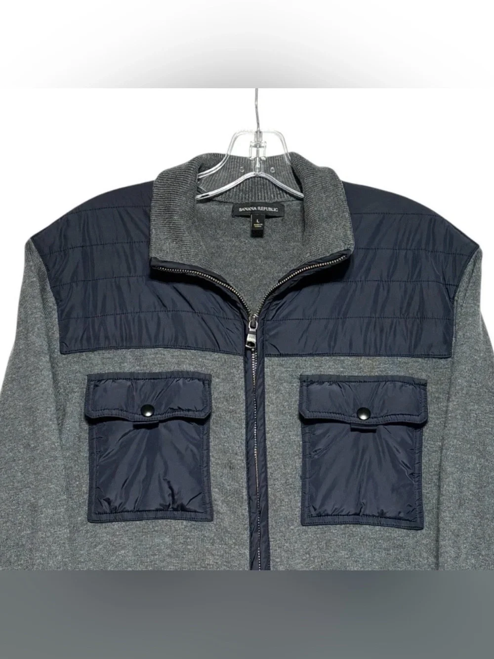 Banana Republic Sweater Jacket Men L Chest Arm Pockets Gray Full Zip Stretch